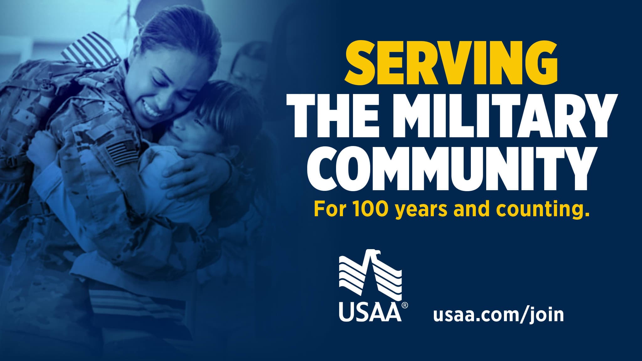 A woman holding a child in her arms with the words serving the military community for